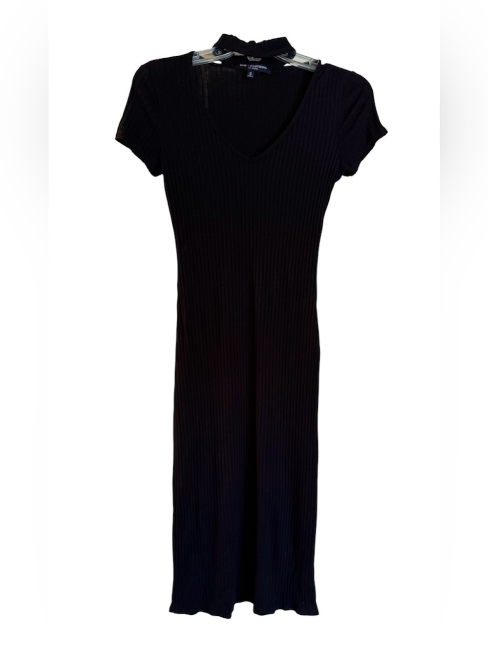 One Clothing Los Angeles Slim Ribbed Black Midi Dress with V-Neck